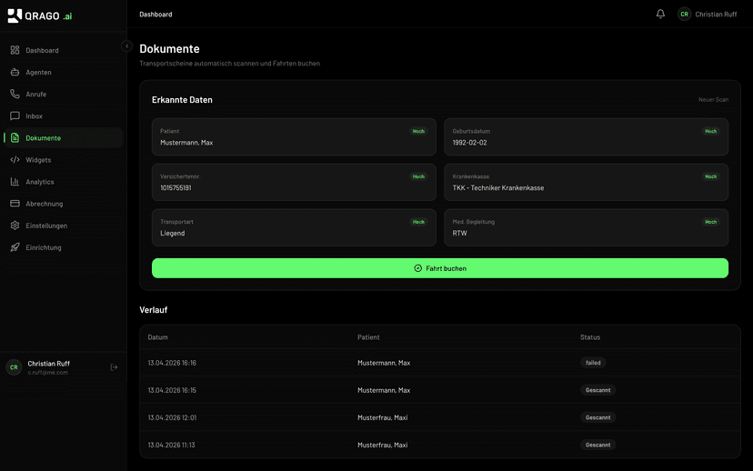 QRAGO AI Document AI Transportschein-Scanner mit OCR-Ergebnissen